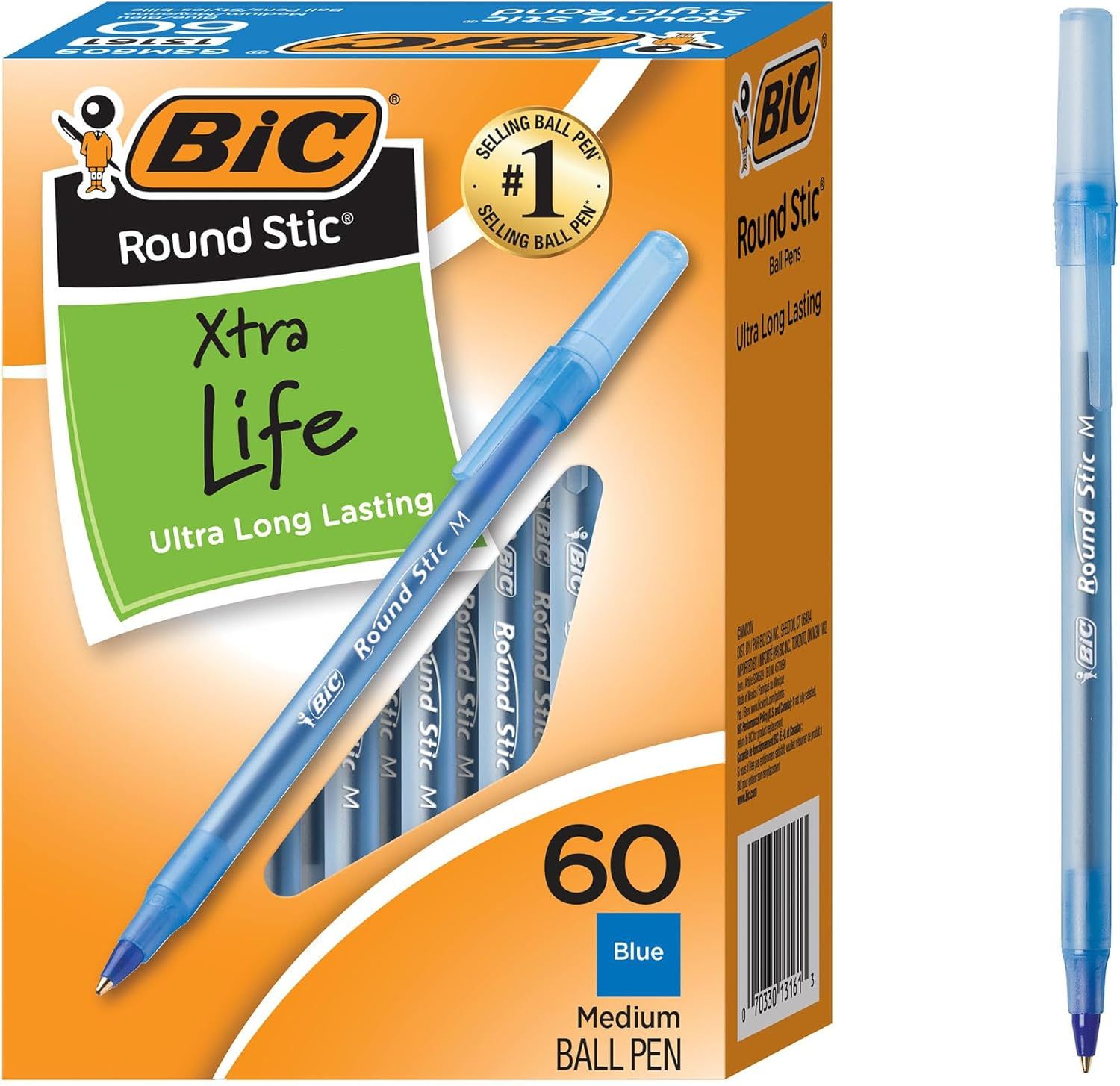 Shows the retail packaging and individual pens to communicate the product is a 60-count bulk pack of BIC Round Stic pens with ultra long lasting ink, reassuring shoppers about quantity and…