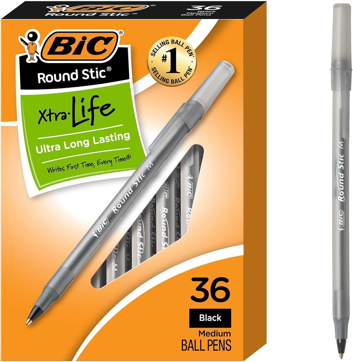 Shows the core product—a 36-count box of BIC Round Stic Xtra Life ballpoint pens—alongside a single pen to communicate the quantity, brand, and key feature (ultra long lasting ink) to the shopper.…