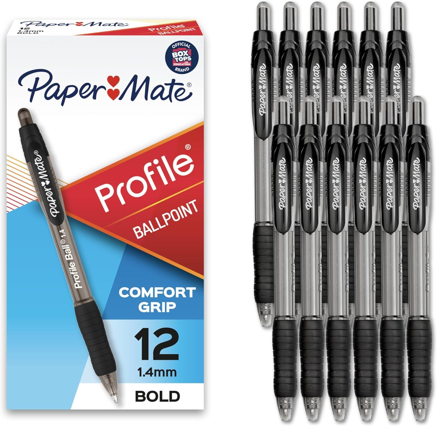 Shows the complete product offering including both the retail box and all 12 pens included in the purchase, giving shoppers a clear view of what they will receive. Displays the official Paper Mate…