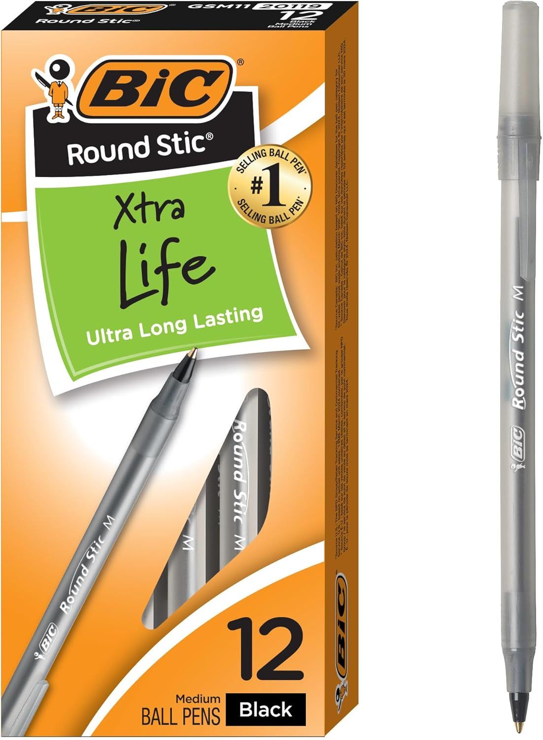 Shows the BIC Round Stic Xtra Life ballpoint pen in both packaged and individual form, clearly displaying the sellable product to help shoppers identify what they are purchasing. Displays the retail…