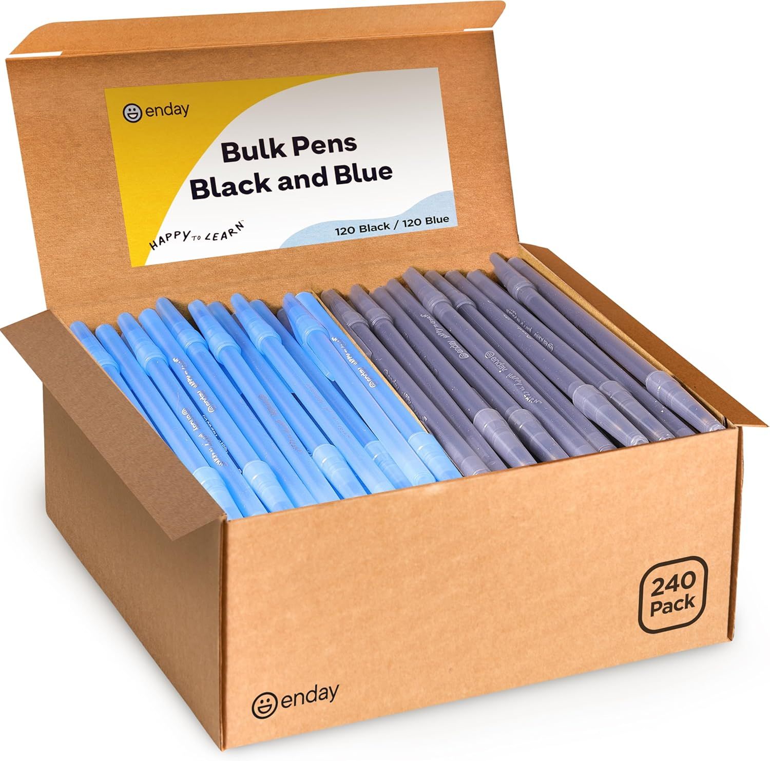 Shows the core product—a 240-pack of pens in black and blue—clearly displayed in retail packaging to communicate quantity, variety, and value for bulk buyers. Displays the physical cardboard box and…