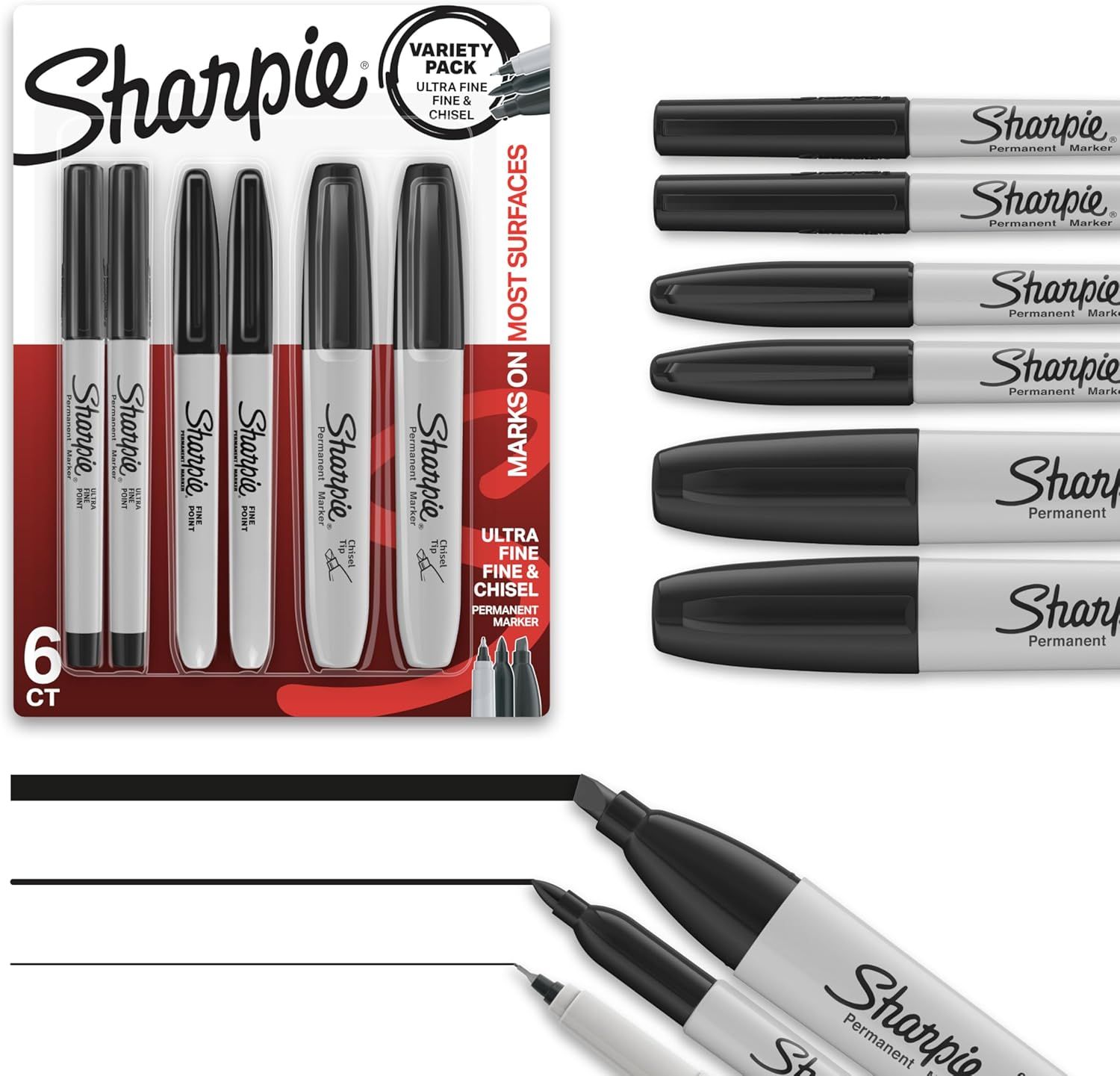 Shows the Sharpie permanent markers in their retail packaging alongside close-up views of the markers and tip variations to communicate the variety pack contents and different tip options available.…