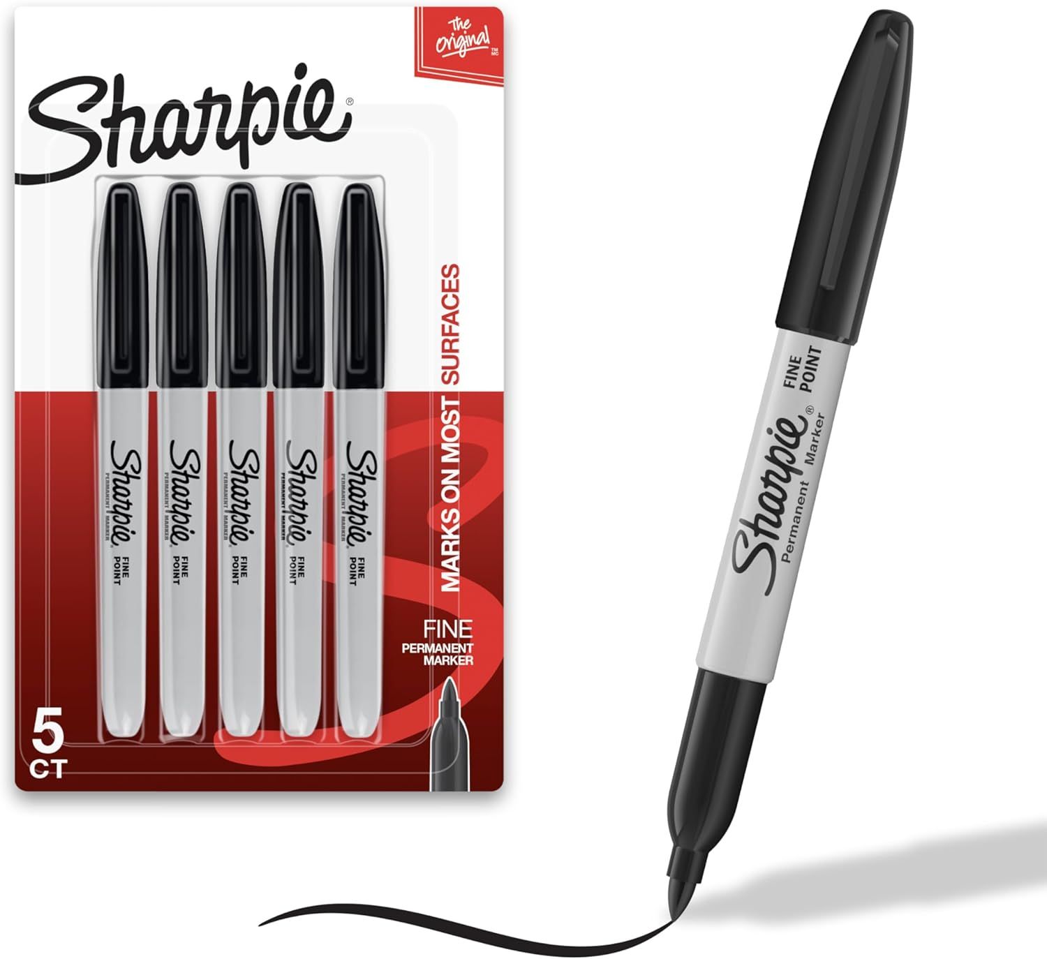 Displays the core product—a 5-count pack of Sharpie fine point permanent markers—clearly showing both the retail packaging and an individual marker to communicate what the buyer receives. Shows the…