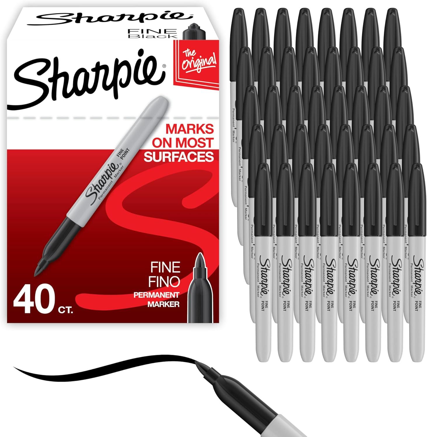 Shows the core product—a 40-count pack of Sharpie fine point permanent markers—alongside the retail packaging to communicate quantity, brand, and product type clearly to the shopper. Displays the…