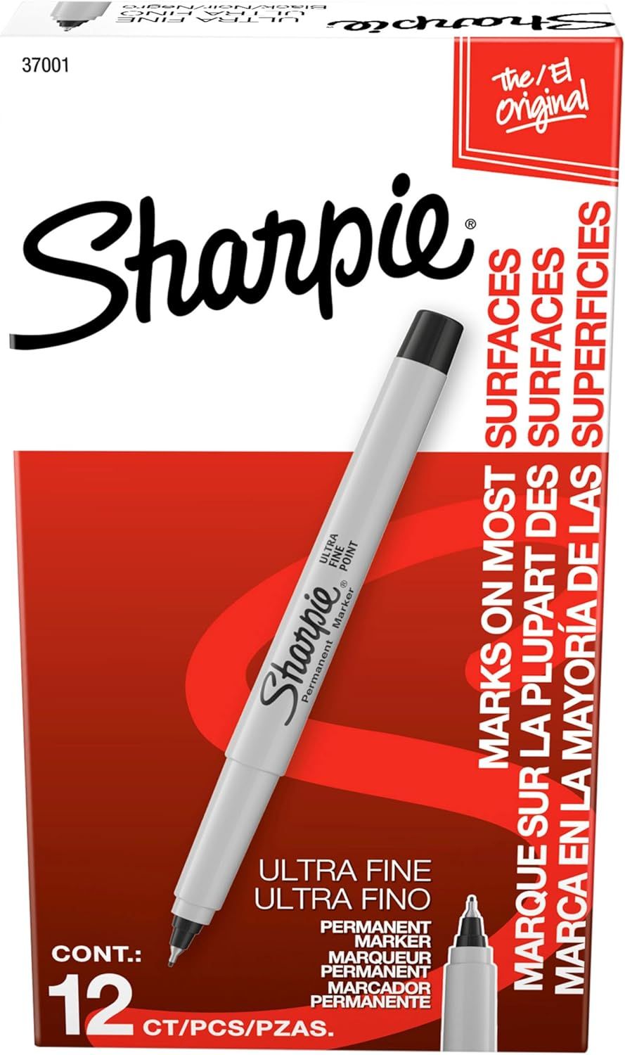 Displays the Sharpie permanent marker in its retail packaging to show shoppers exactly what they will receive, emphasizing the ultra fine point feature and 12-count quantity. Shows the official…