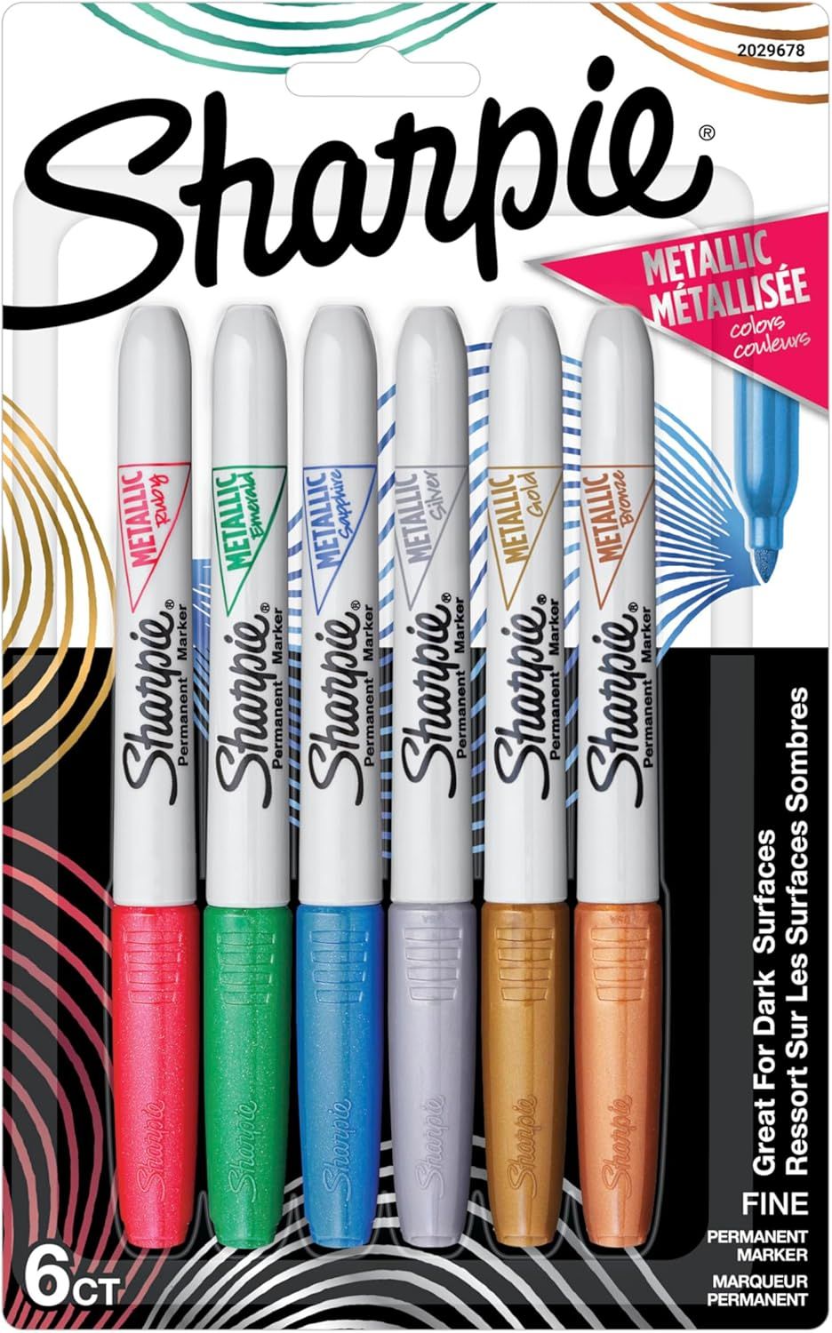 Displays the core product—a 6-count set of Sharpie metallic permanent markers in various colors—clearly visible in retail packaging to show shoppers exactly what they will receive. Shows the…