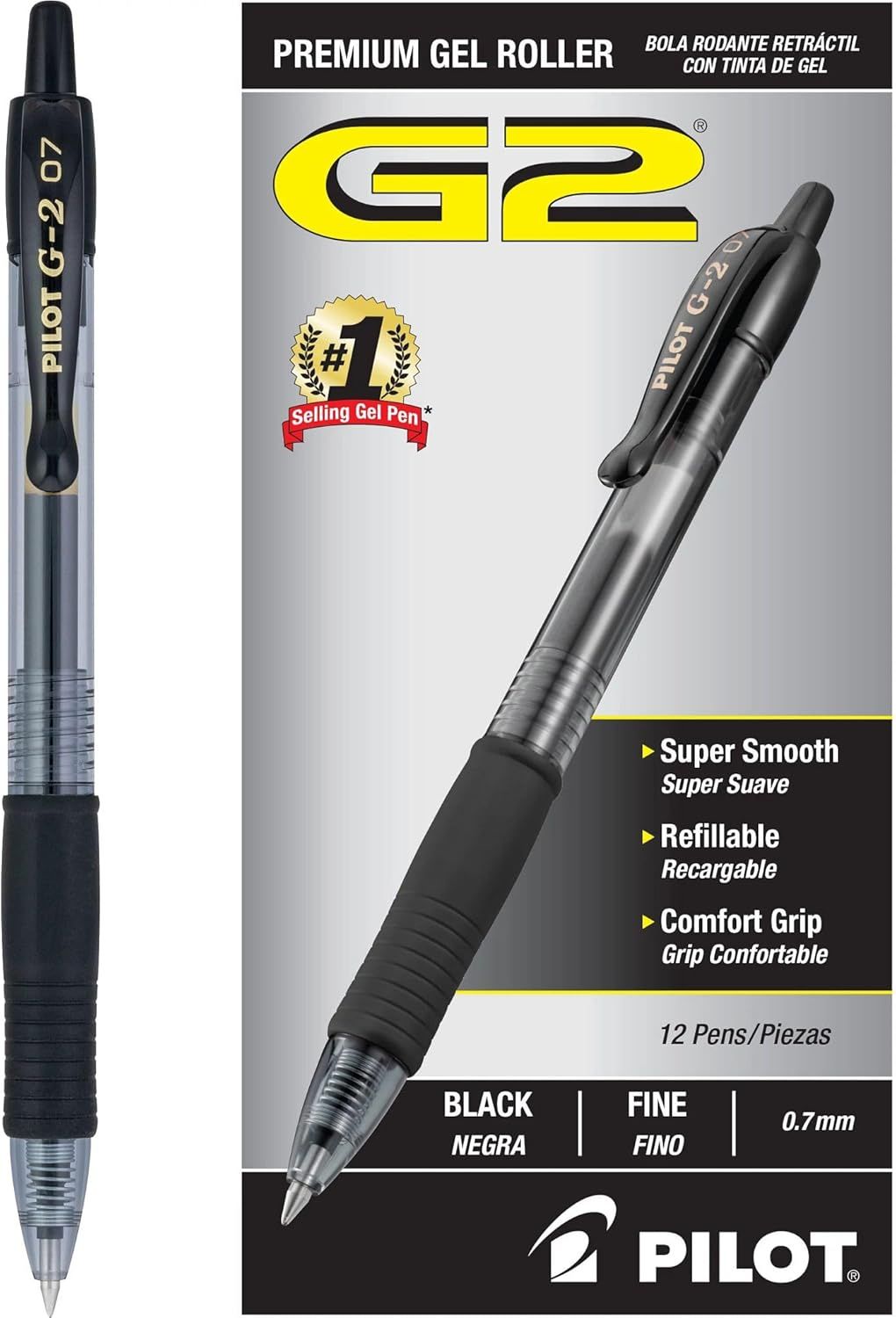 Displays the core product (Pilot G-2 gel pen) both as a standalone item and on its retail packaging to show shoppers exactly what they are purchasing. Shows the retail packaging with key product…