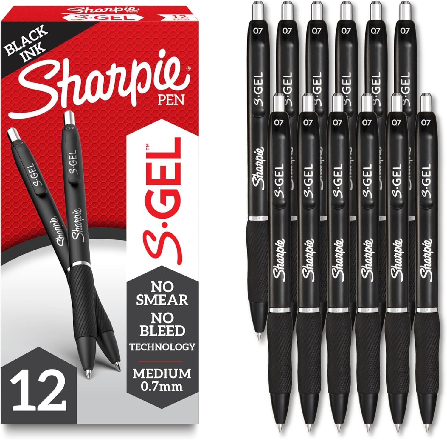 Shows the complete 12-pack set of Sharpie S-Gel pens alongside their retail packaging, allowing shoppers to see exactly what they will receive and the quantity included. Displays the branded Sharpie…