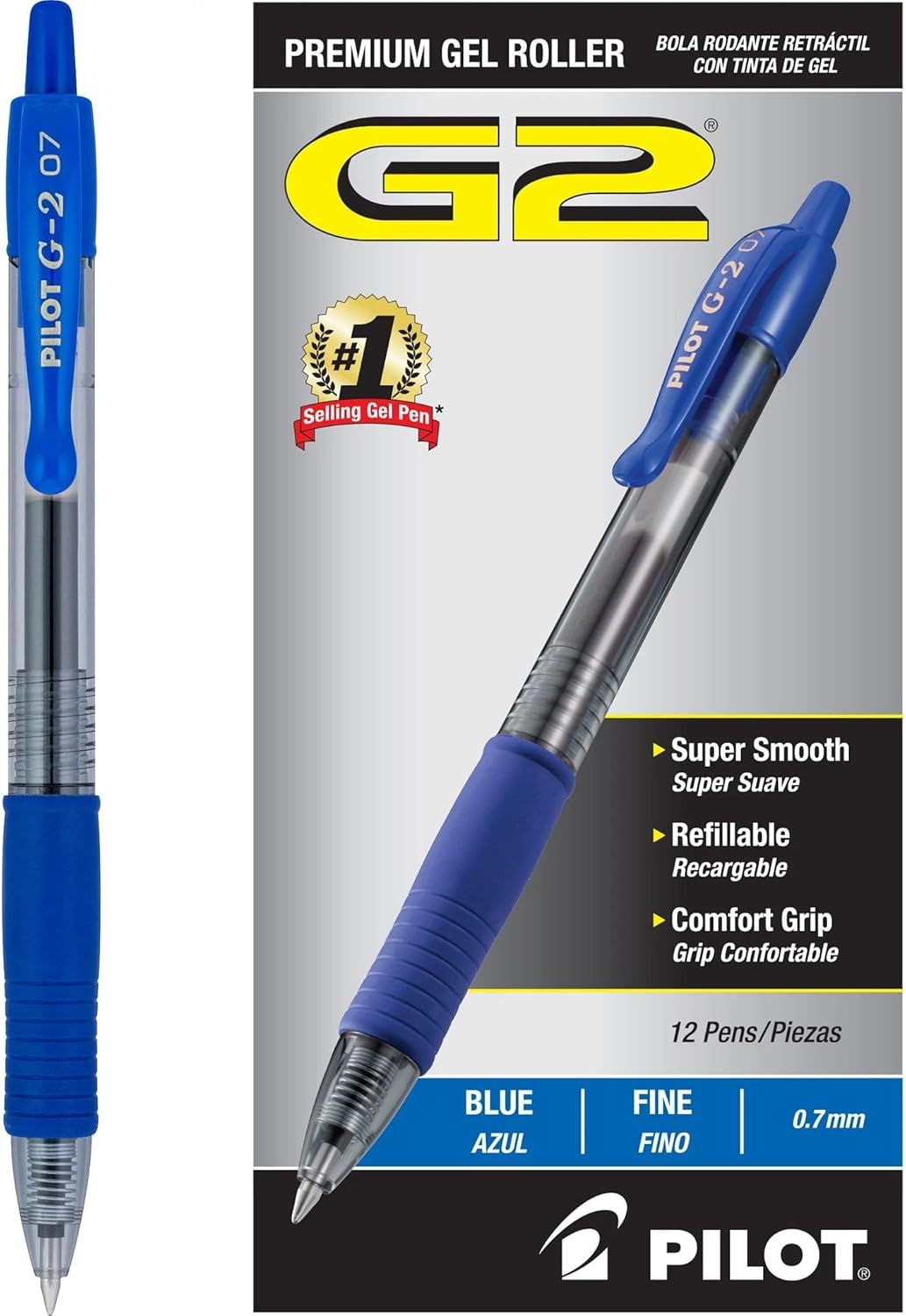 Displays the core product, a Pilot G2 gel pen, both individually and in its retail packaging to show shoppers exactly what they are purchasing. Shows the retail packaging with key product features…