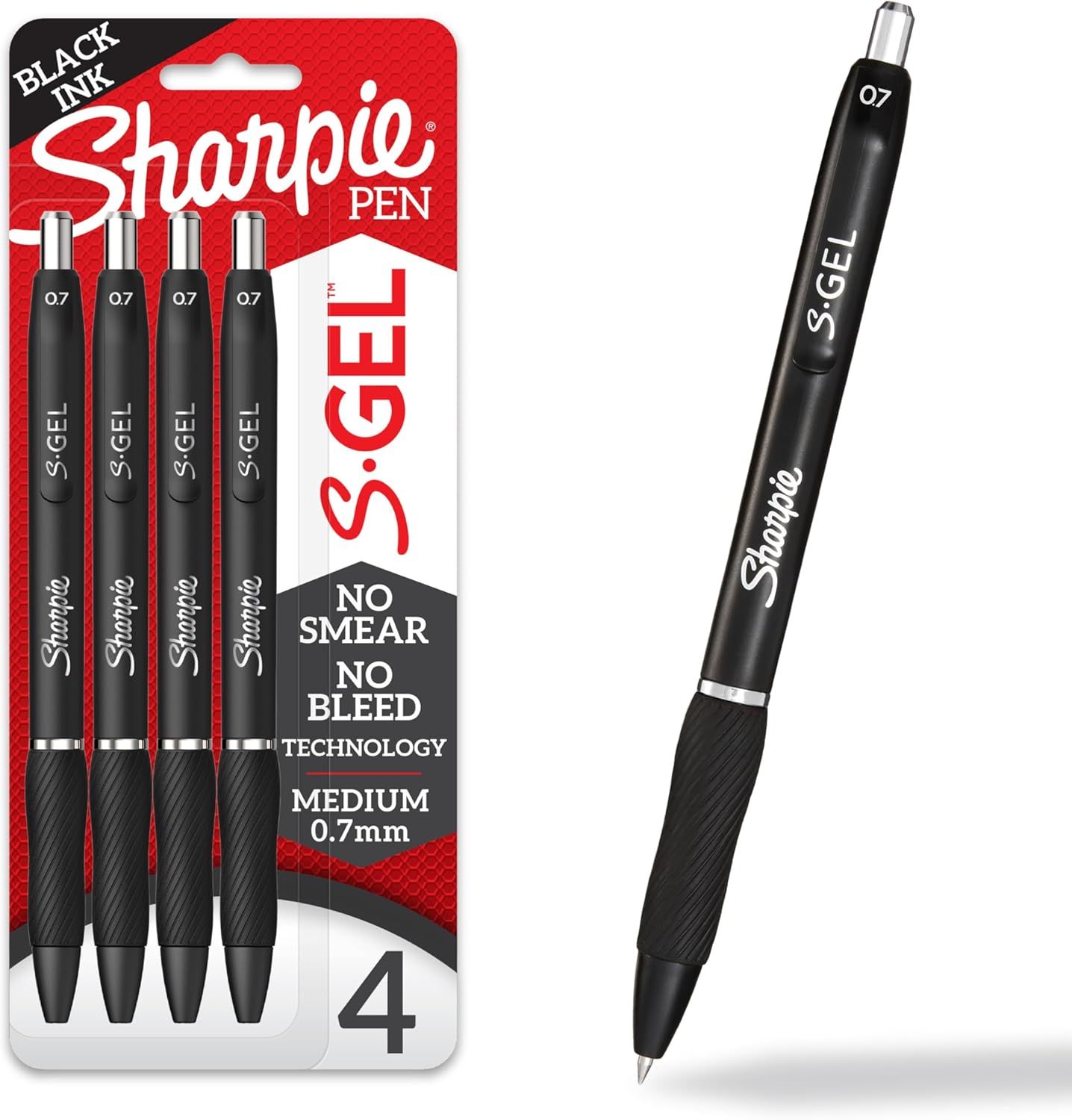 Shows the core product—a 4-pack of Sharpie S-Gel pens—both in retail packaging and as a standalone pen to communicate what the buyer receives and the pen's design details. Displays the retail…