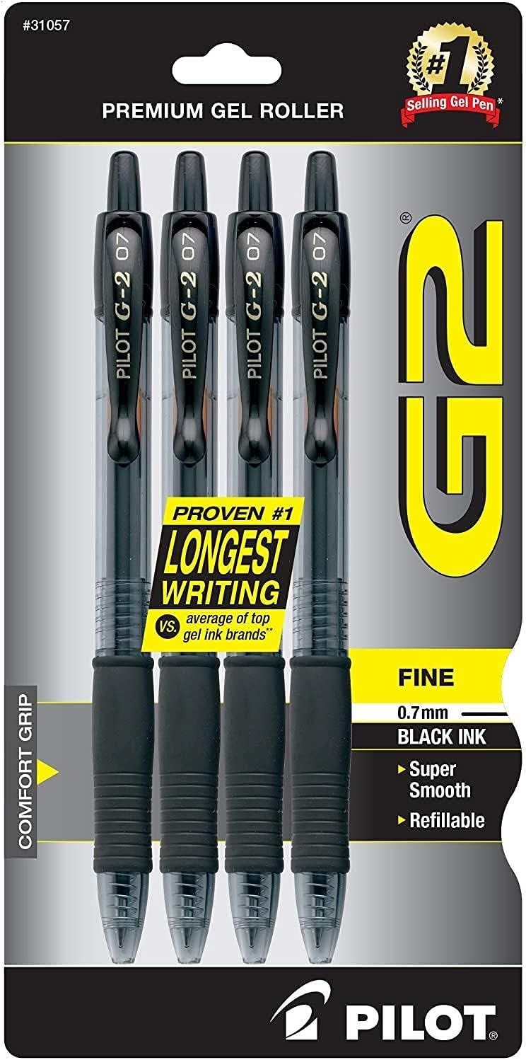 Shows the core product—a 4-pack of Pilot G-2 gel roller pens—clearly visible in retail packaging so shoppers can see exactly what they are purchasing. Displays the physical retail packaging with…
