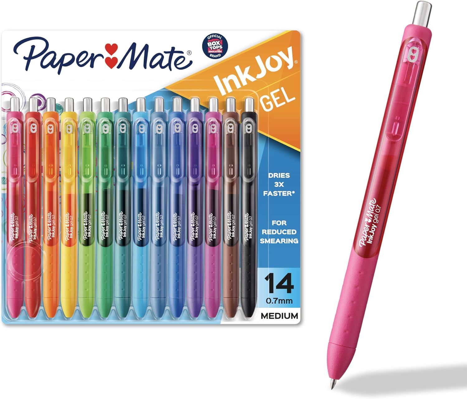 Displays the complete set of 14 colorful InkJoy gel pens in their retail packaging alongside a single pen to show scale and design, communicating the variety and quantity included in the purchase.…