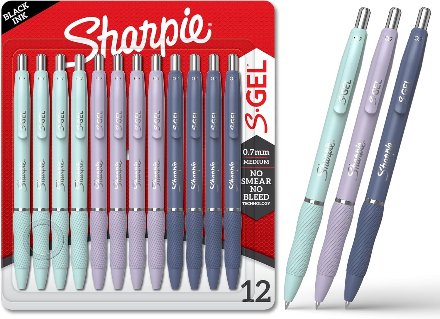 Shows the complete 12-pack set of Sharpie S-Gel pens in three color variants (mint, lavender, and blue) to communicate the quantity and color options included in the purchase. Displays the retail…