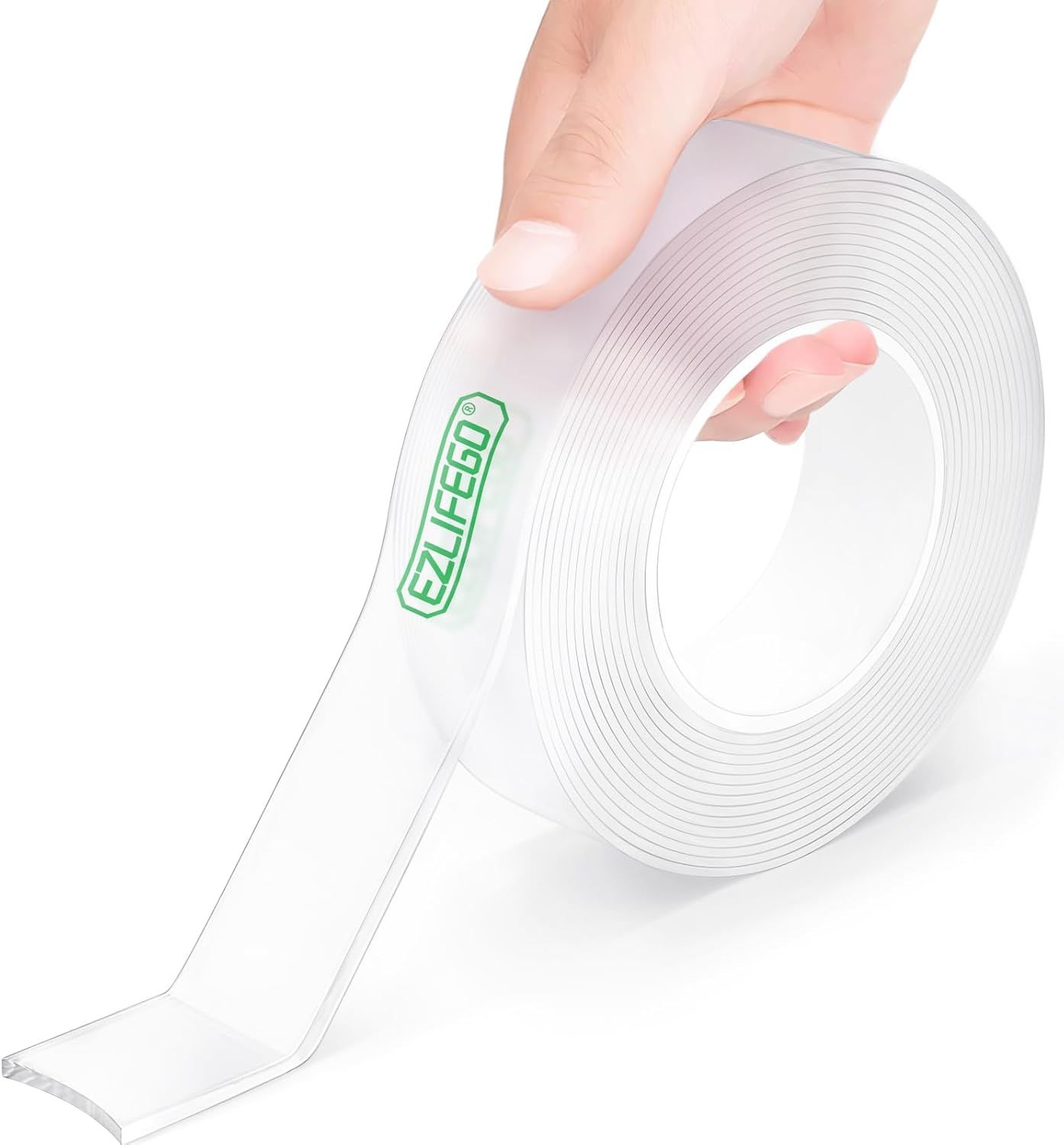 Shows the core product clearly - a roll of clear adhesive tape with branding - to help shoppers understand exactly what they are purchasing. Uses a human hand holding and peeling the tape to…