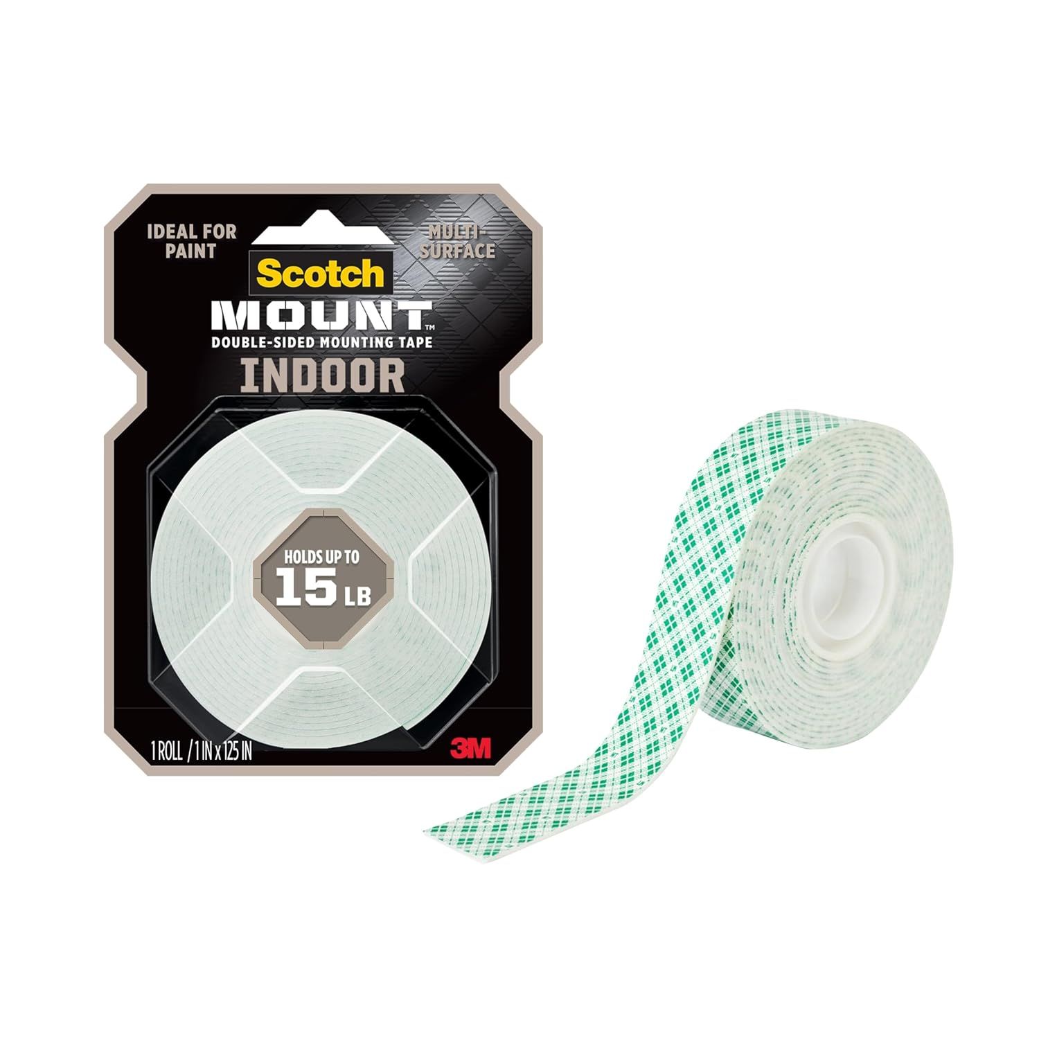 Shows the core product, Scotch Mount double-sided mounting tape, alongside its retail packaging to help shoppers understand what they are purchasing and its key features like indoor use and 15 lb…