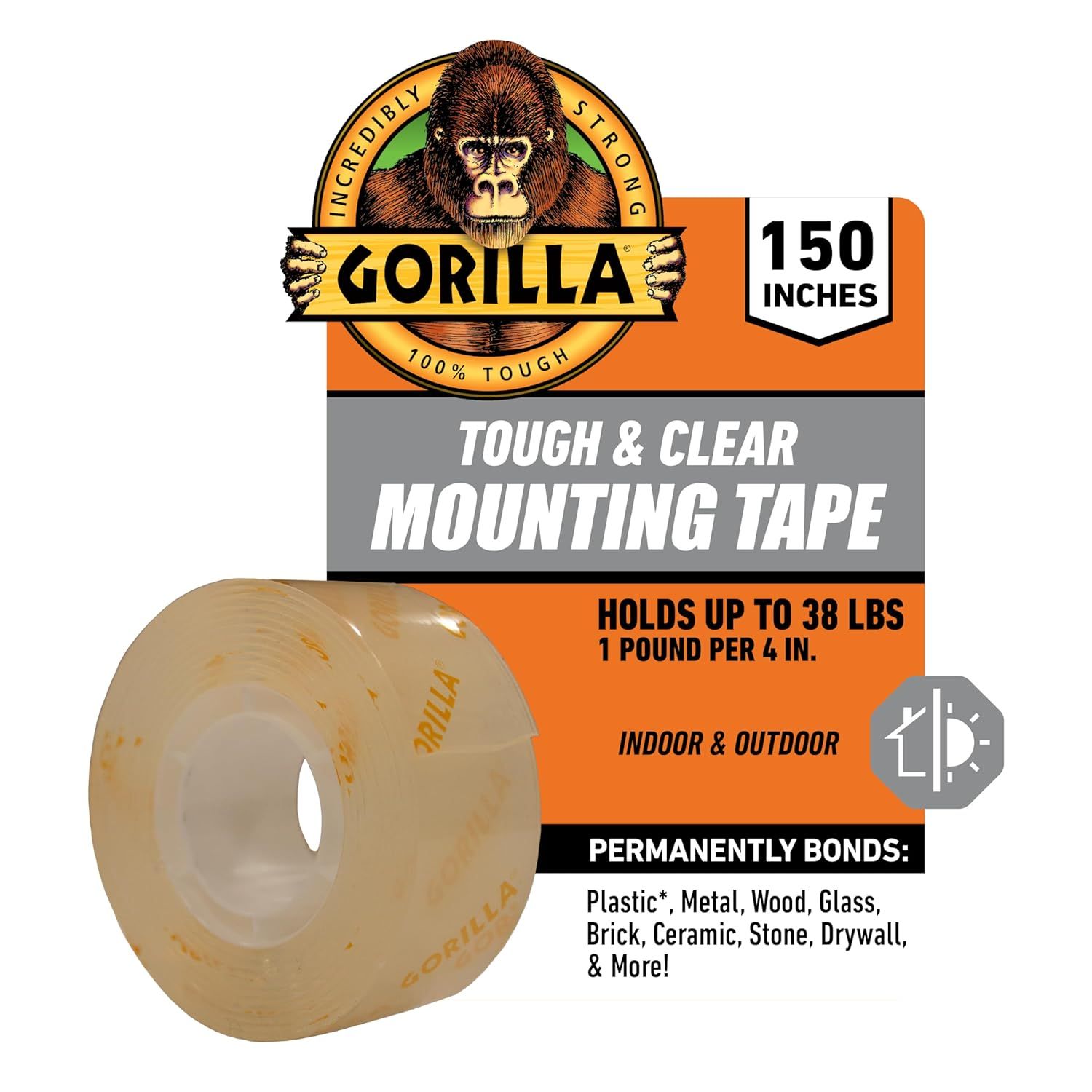 Shows the core product, a roll of Gorilla mounting tape, clearly displayed with its packaging to help shoppers identify what they are purchasing. Displays the retail packaging with key product…