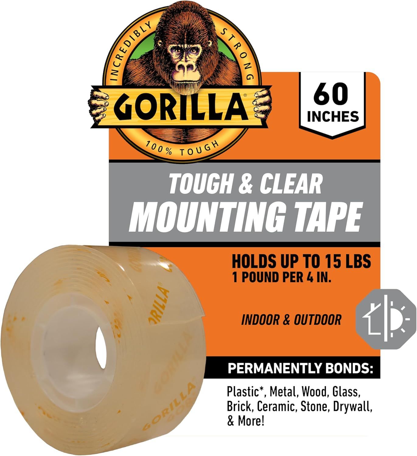 Shows the product in its retail packaging to communicate brand identity, product specifications (60 inches, holds up to 15 lbs), and key features (tough, clear, bonds to multiple surfaces) that help…