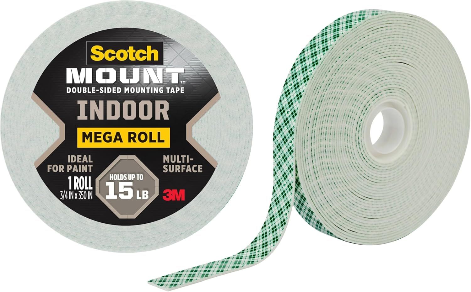 Shows the core product clearly - a roll of Scotch mounting tape - displaying both the front label and the side view of the roll to communicate what the shopper is purchasing. Displays the retail…