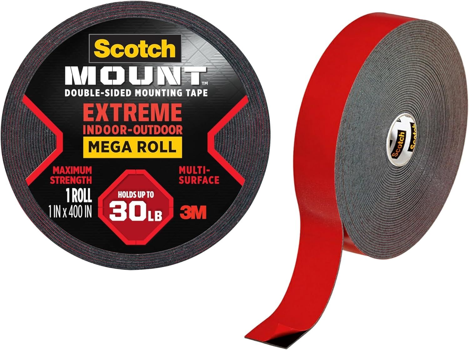 Shows the core product - a roll of Scotch mounting tape - with both the packaging label and the physical tape roll visible to communicate what the buyer will receive. The packaging label with brand…