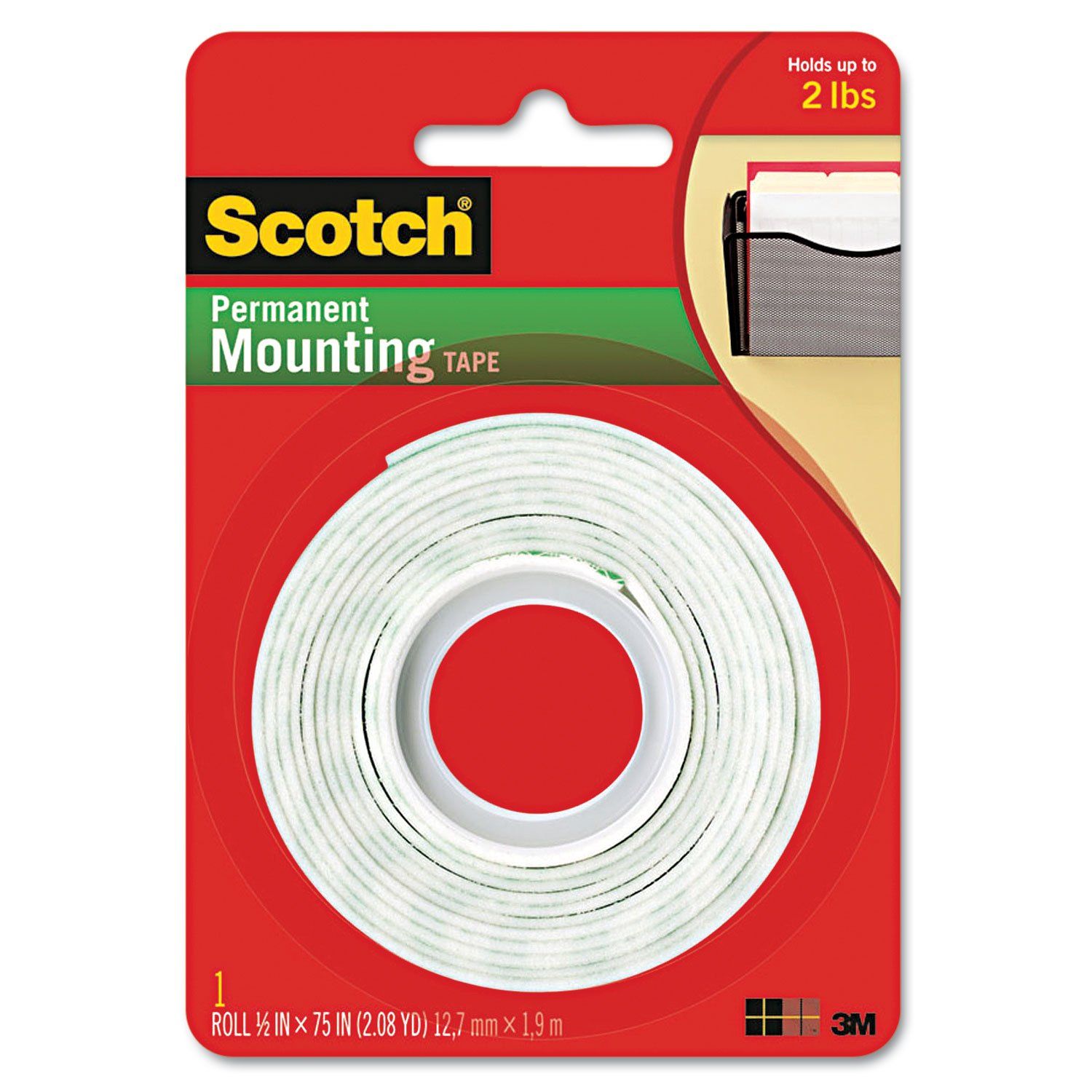 Shows the Scotch Permanent Mounting Tape product in its retail packaging, clearly displaying the roll of white tape and communicating its 2 lbs holding capacity to help shoppers understand what they…
