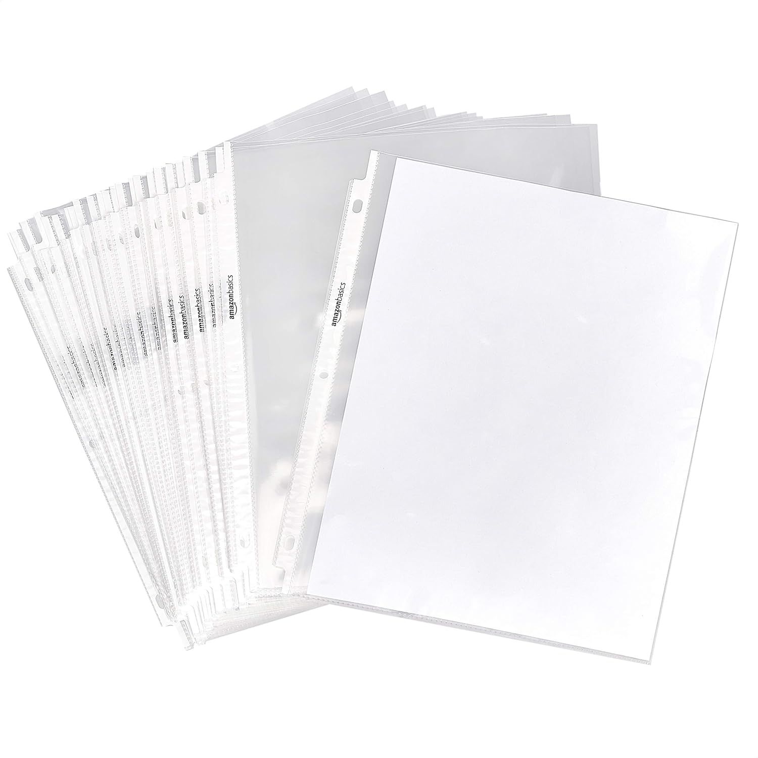 Shows the core product clearly—a set of clear plastic sheet protectors with binder holes—so shoppers can see exactly what they are purchasing.