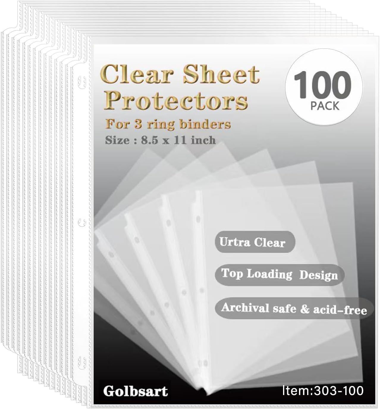Shows the core product—a 100-pack of clear sheet protectors for 3-ring binders—to communicate what the shopper is purchasing and the quantity included. Highlights key product features through…