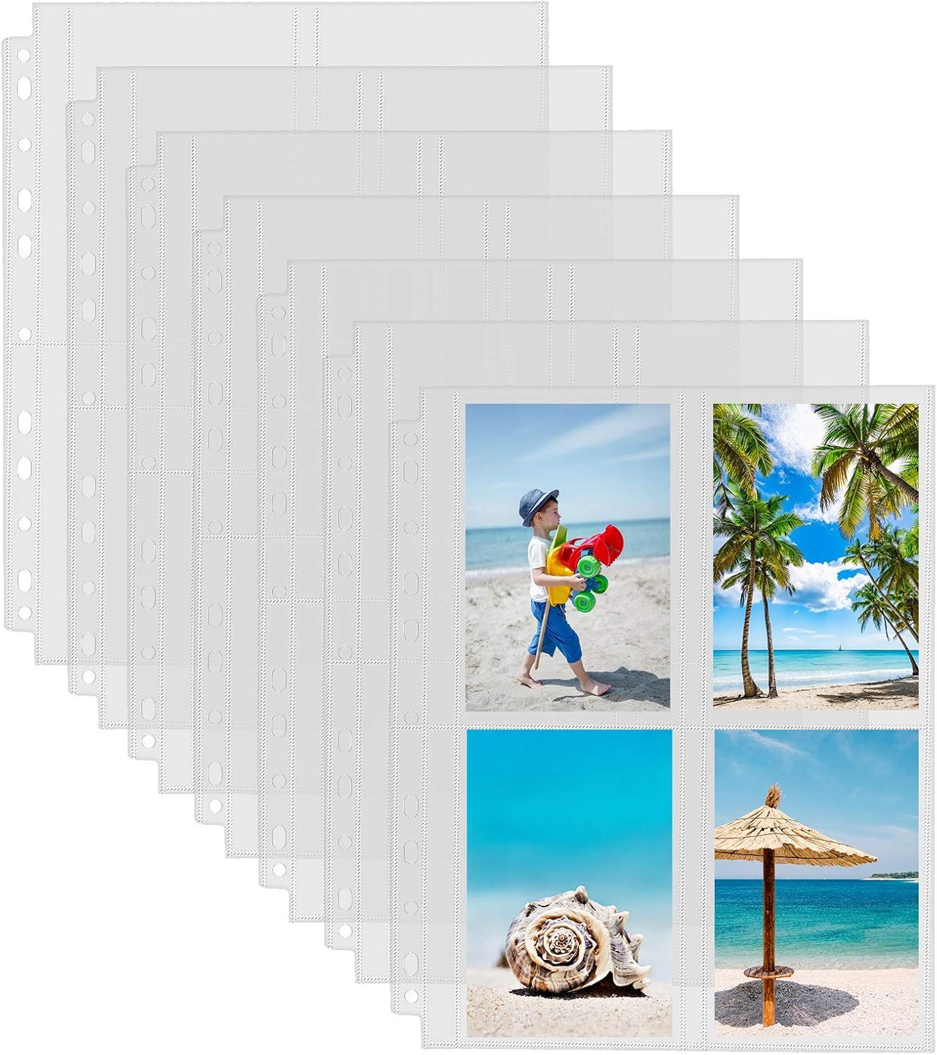 Shows the core product clearly - photo storage sleeves in various sizes with binder holes, demonstrating the product's appearance and format with example photos inserted. Demonstrates how the…