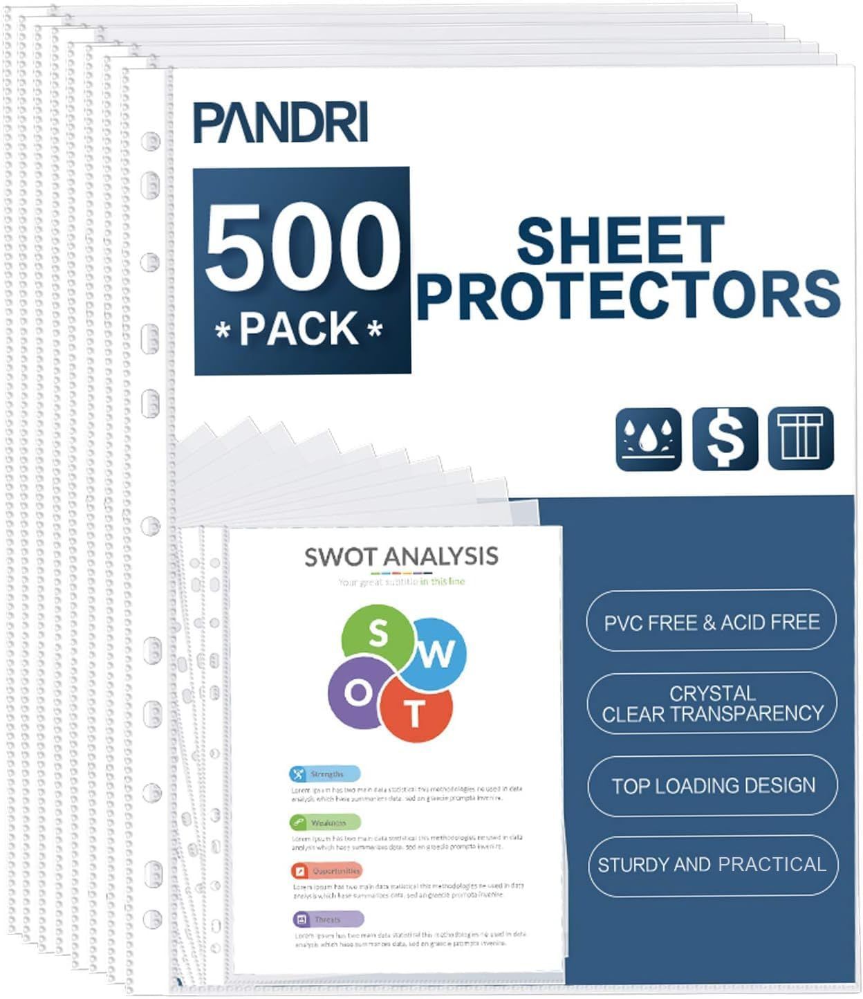 Shows the core product—a large pack of 500 sheet protectors—to communicate quantity, value, and key features like transparency and top-loading design. Displays the retail packaging with branding and…
