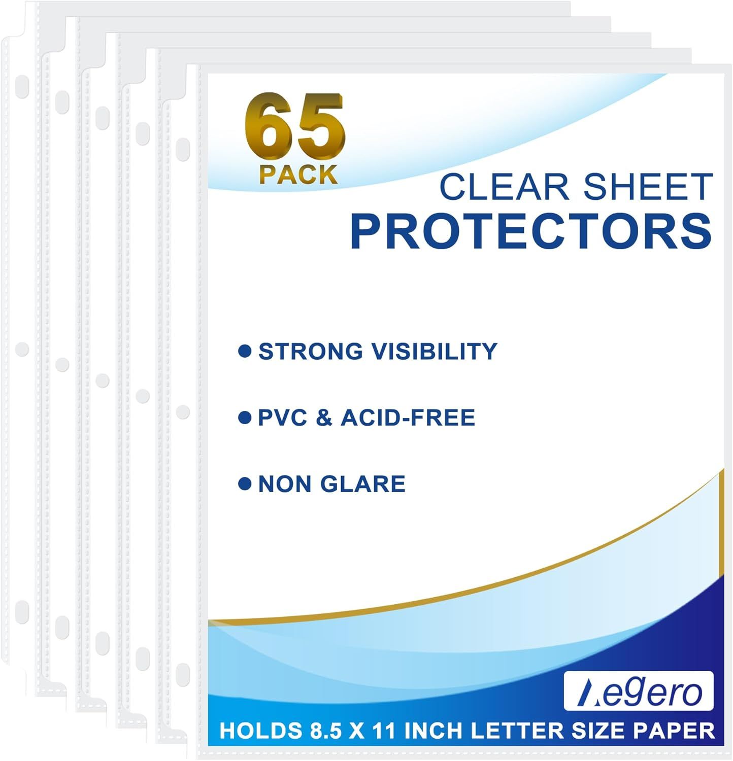 Displays the core product—a 65-pack of clear sheet protectors—with key features highlighted to communicate quality, safety, and functionality to shoppers looking for document protection. Shows the…