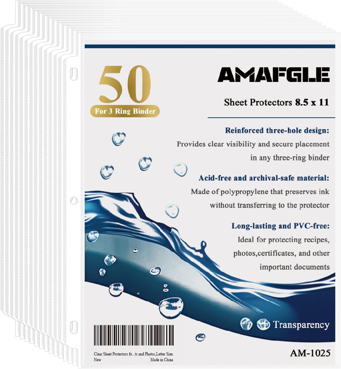 Shows the core product—a 50-pack of clear sheet protectors—and communicates key features like reinforced three-hole design, acid-free material, and transparency to reassure shoppers about quality…
