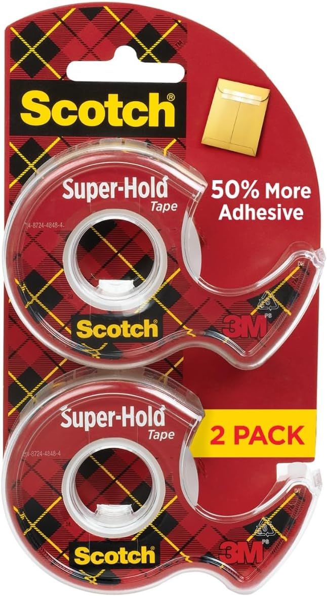 Shows the core product—two Scotch Super-Hold tape dispensers in retail packaging—so shoppers can see exactly what they are purchasing. Displays the retail packaging with branding, product details,…