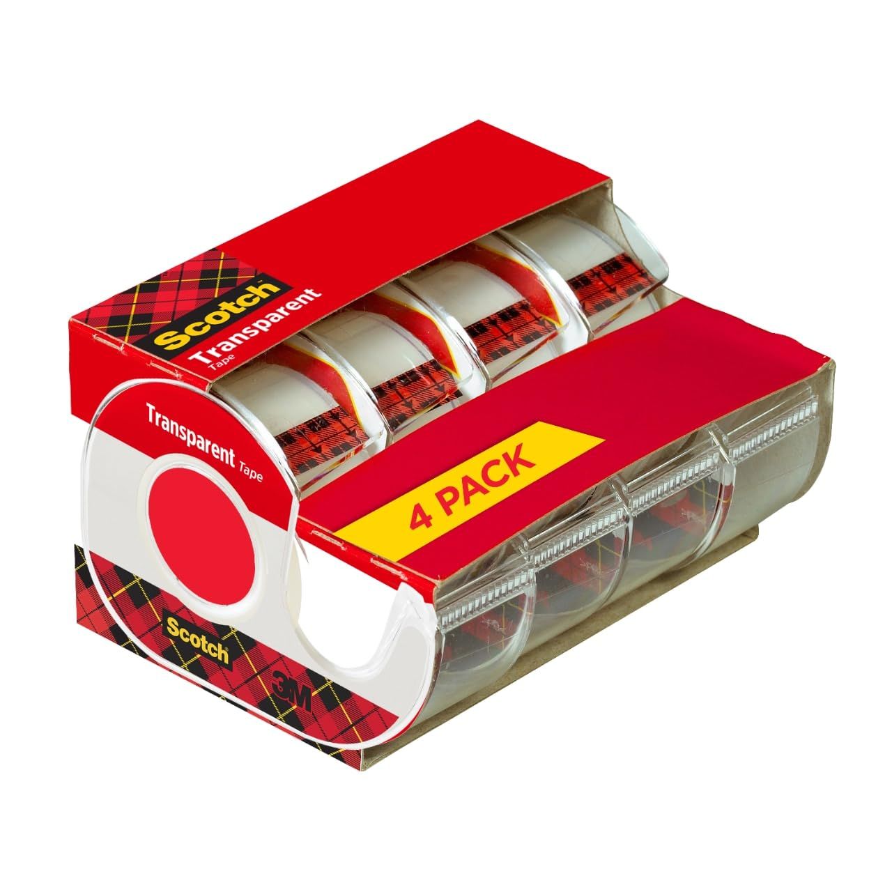 Shows the core product clearly - a 4-pack of Scotch transparent tape dispensers in retail packaging, allowing shoppers to see exactly what they will receive. Displays the retail packaging with a…