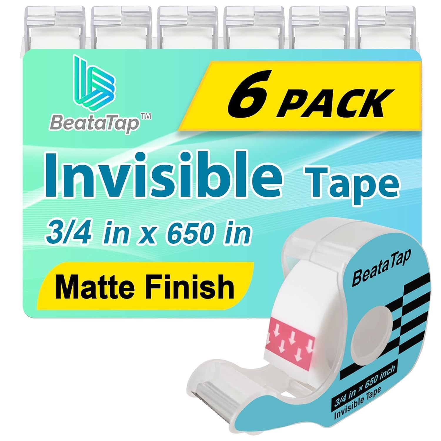 Shows the complete 6-pack product set with packaging and individual tape dispenser to communicate what the buyer receives and the key product features like invisible tape and matte finish. Displays…