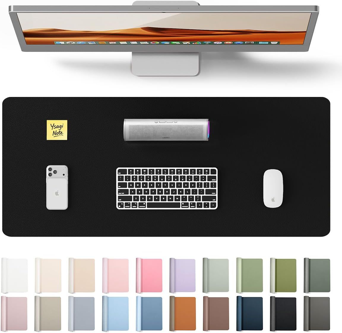 Shows the core product, a large black desk mat, in a realistic workspace setting to help shoppers visualize its size, appearance, and how it fits into a typical desk setup. Displays the wide range…