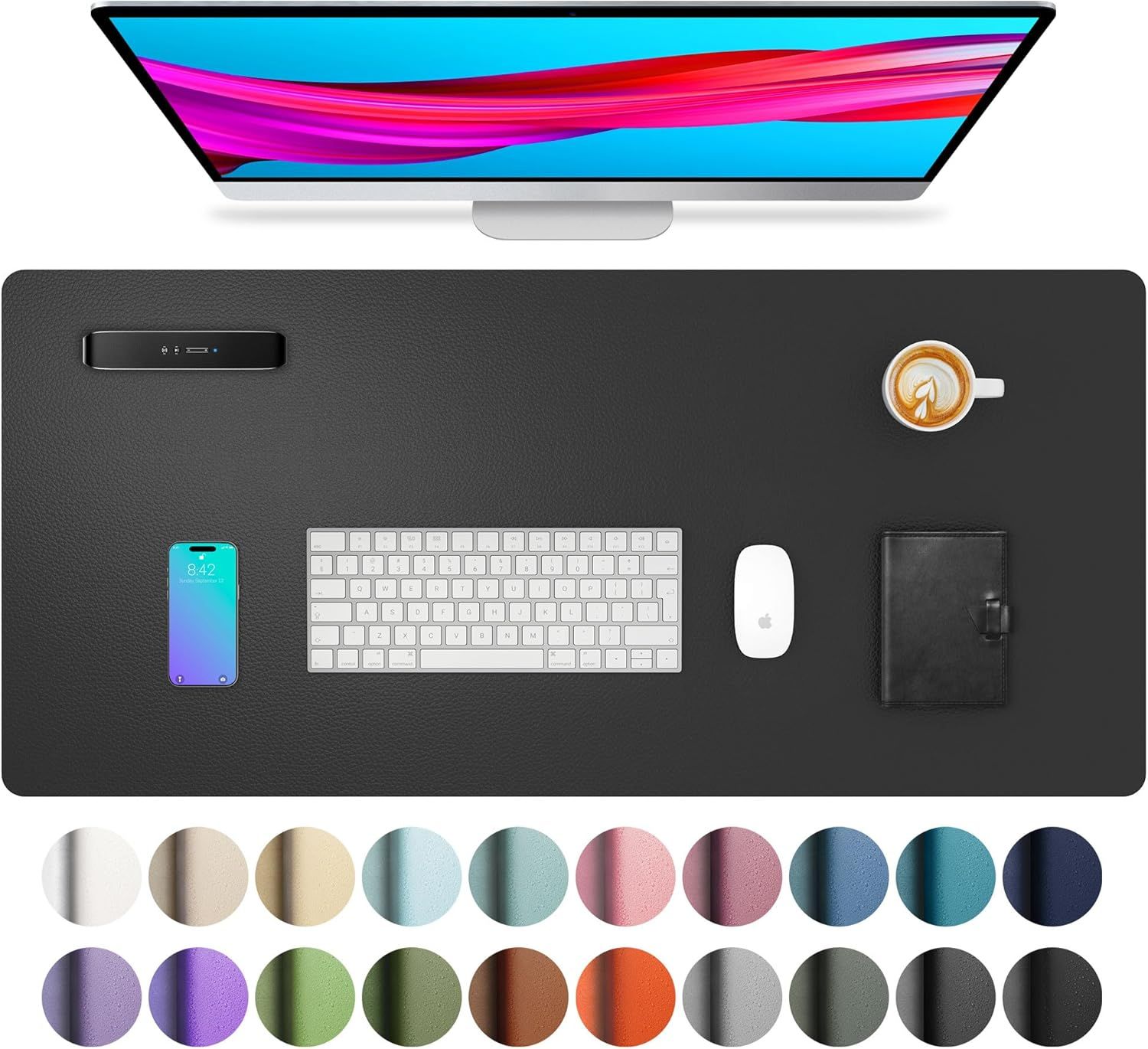 Shows the core product (desk mat) in a realistic workspace context with common desk items to demonstrate size, fit, and practical use on a desk. Displays the wide range of available color choices…