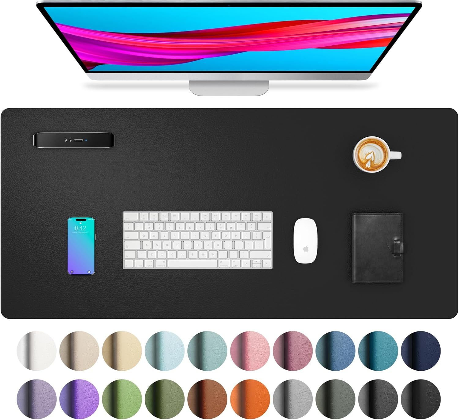 Shows the core product (desk mat) in a realistic workspace context with common office items to help shoppers visualize size, scale, and how it fits into their desk setup. Displays the wide range of…