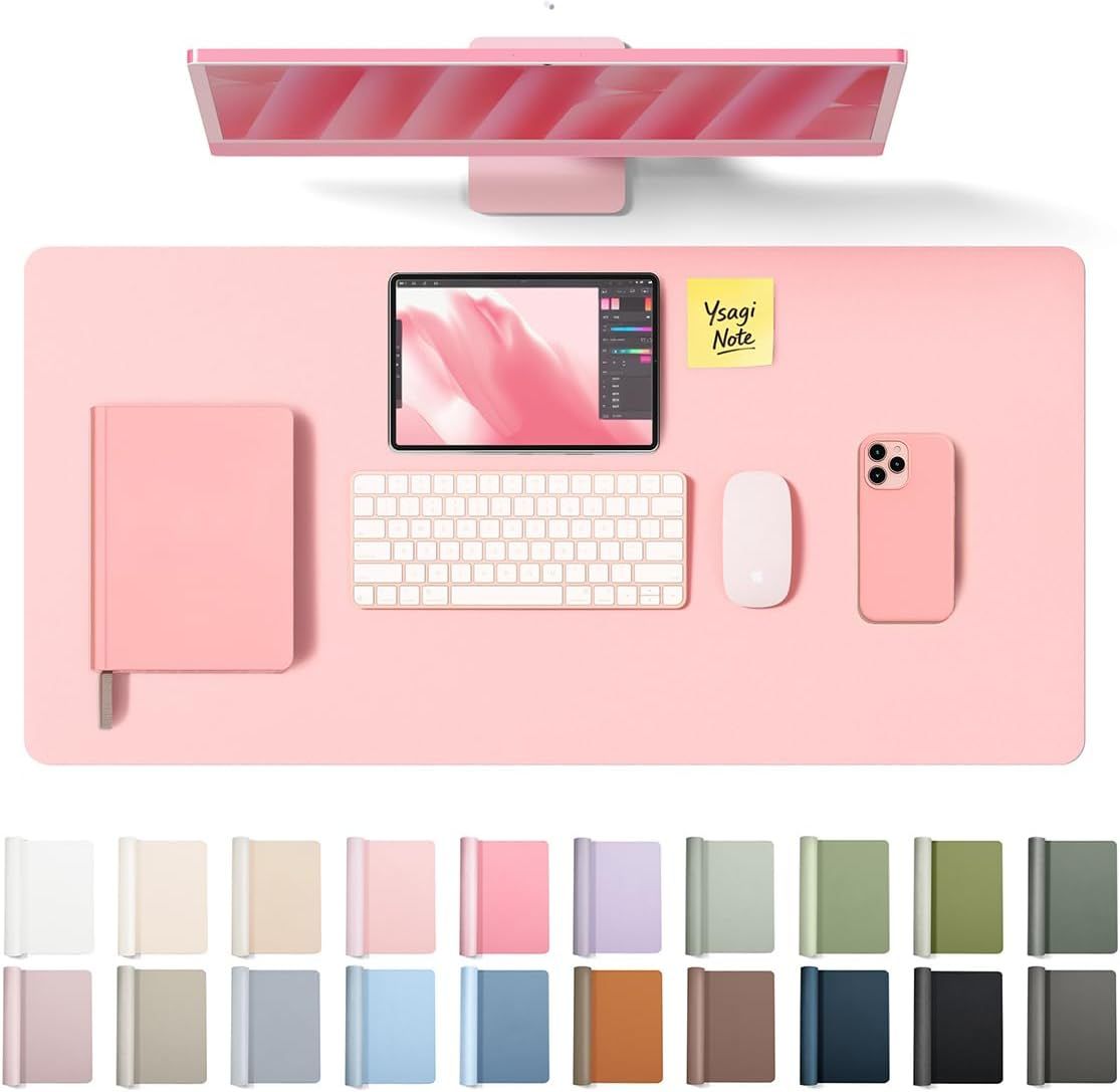 Displays the core product, a large pink desk mat, in a clean lifestyle setting to show its size, color, and how it organizes a workspace. Shows the wide range of available color choices for the desk…