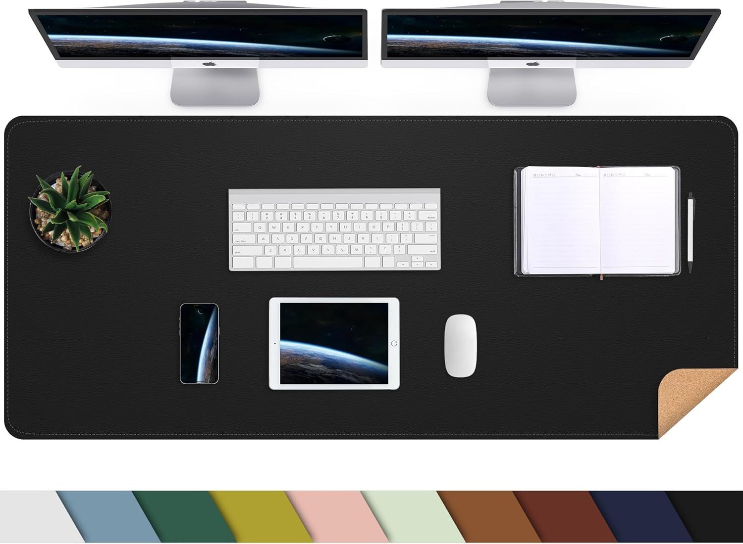 Displays the core product, a large desk mat, prominently in a clean lifestyle setting to show its size, surface texture, and how it fits into a workspace. Shows the multiple color options available…