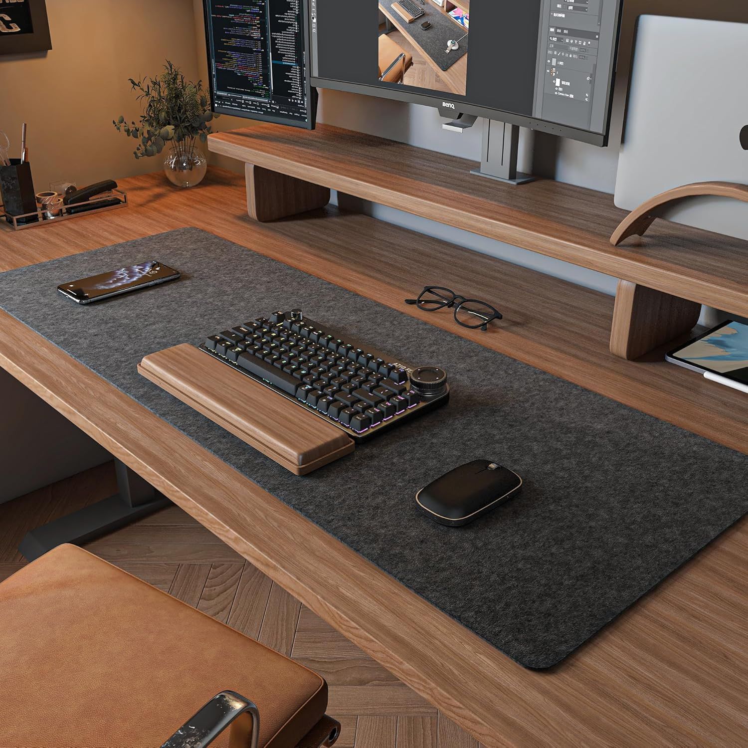 Shows the desk mat in a real-world office/workspace setting to help shoppers visualize how it fits into their own desk setup and complements their workspace aesthetic. Displays the core product—a…