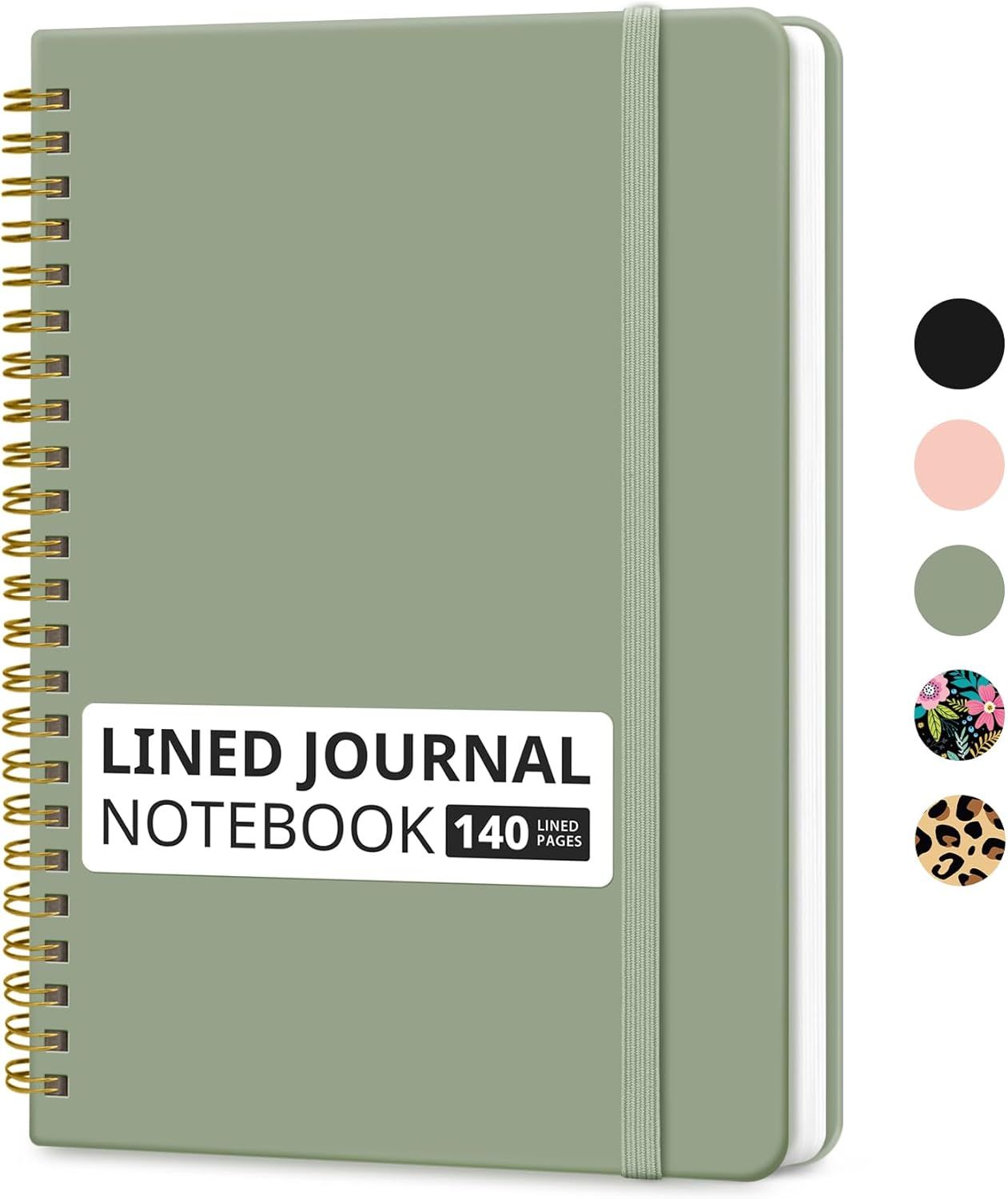Shows the core product clearly—a sage green lined journal notebook—so shoppers can see the design, binding style, elastic band closure, and page count. Displays color and pattern swatches on the…