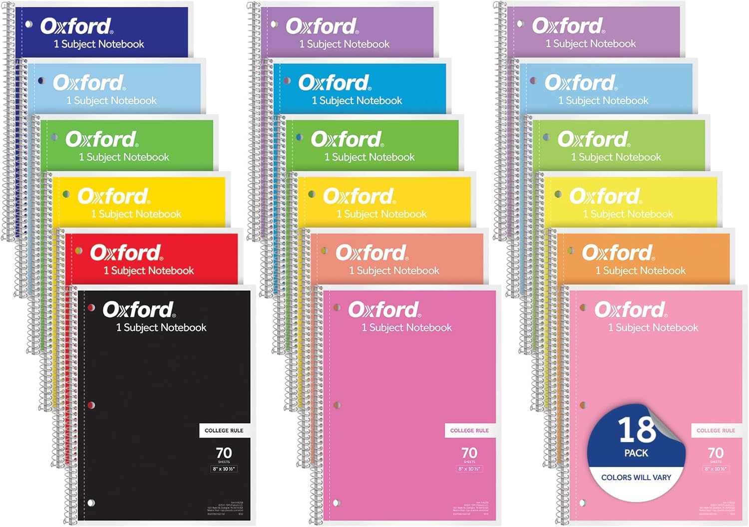 Shows shoppers the wide range of color choices available for the Oxford 1 Subject Notebook, helping them understand they can select their preferred color or purchase an 18-pack with varied colors.