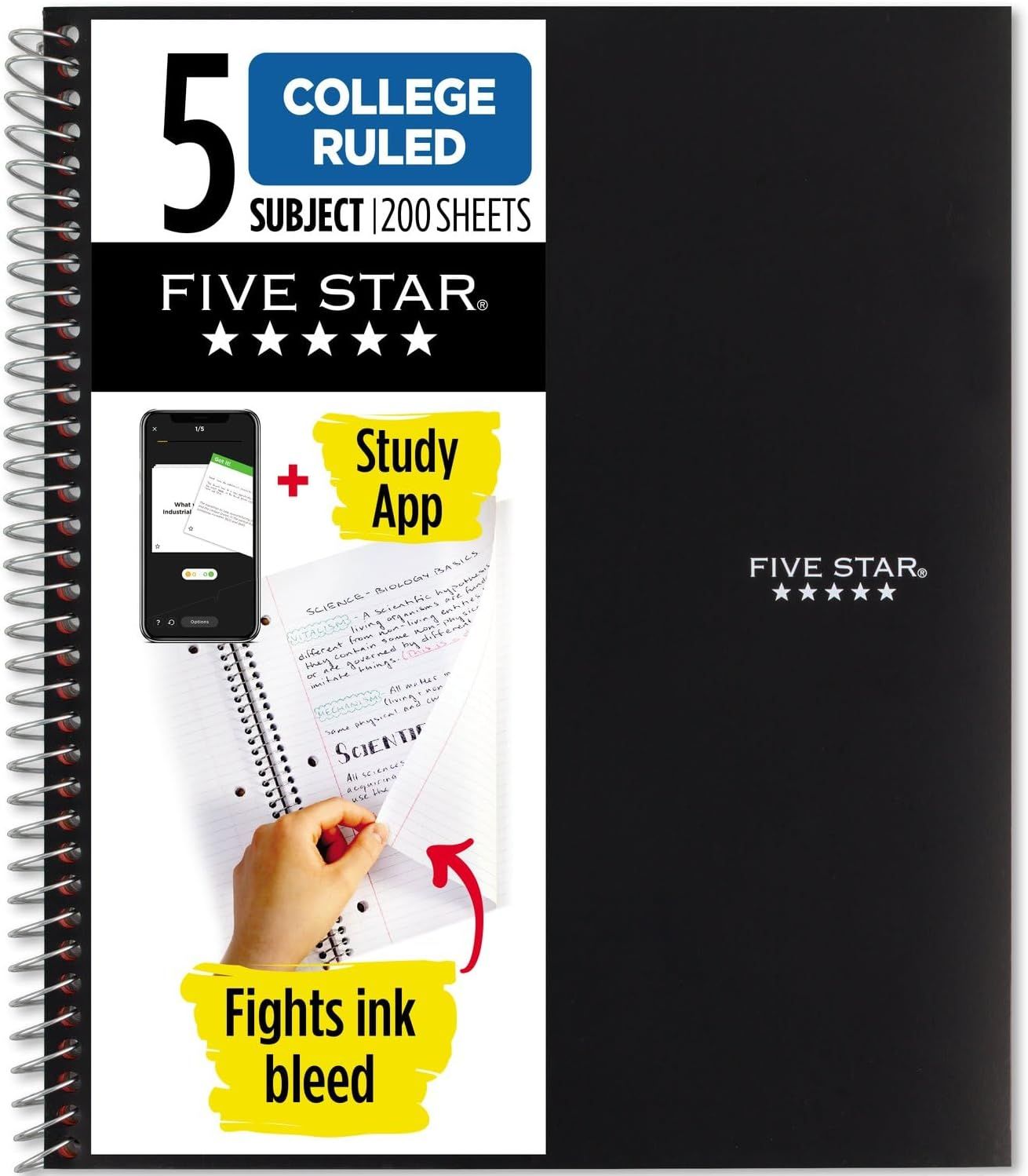 Displays the core product, a Five Star college-ruled notebook, clearly showing its specifications and brand identity to help shoppers identify what they are purchasing. Demonstrates two key…