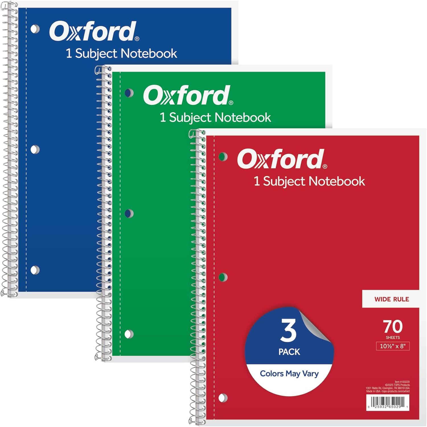 Shows the core product—three Oxford 1-Subject Notebooks in blue, green, and red—to communicate what the shopper will receive in this 3-pack purchase. Displays the three color variants available in…