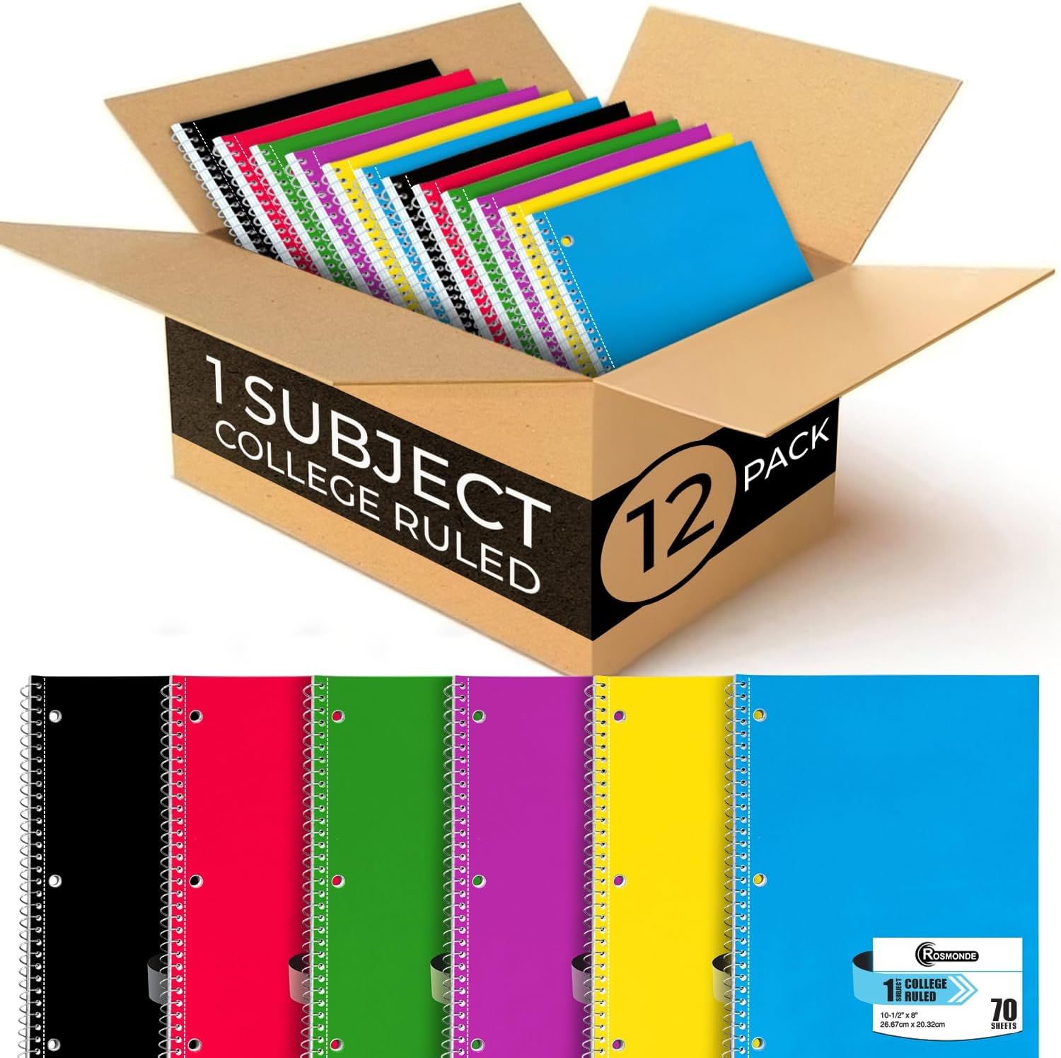 Shows the core product—a 12-pack of college ruled spiral notebooks in multiple colors—to communicate the quantity and variety included in the purchase. Displays the branded cardboard box packaging…