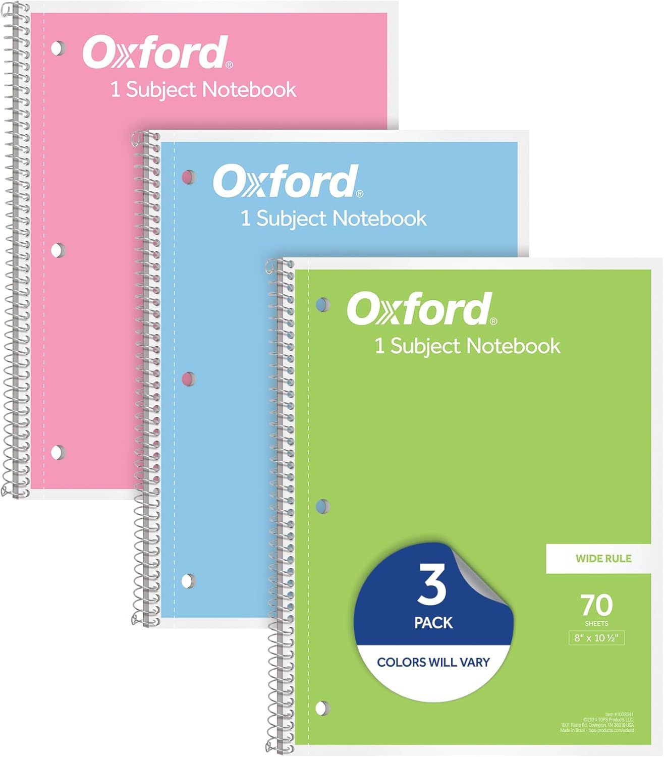 Shows the core product—Oxford 1 Subject Notebooks—in three different colors (pink, blue, green) to communicate the variety and multi-pack nature of the purchase. Displays multiple color variants of…