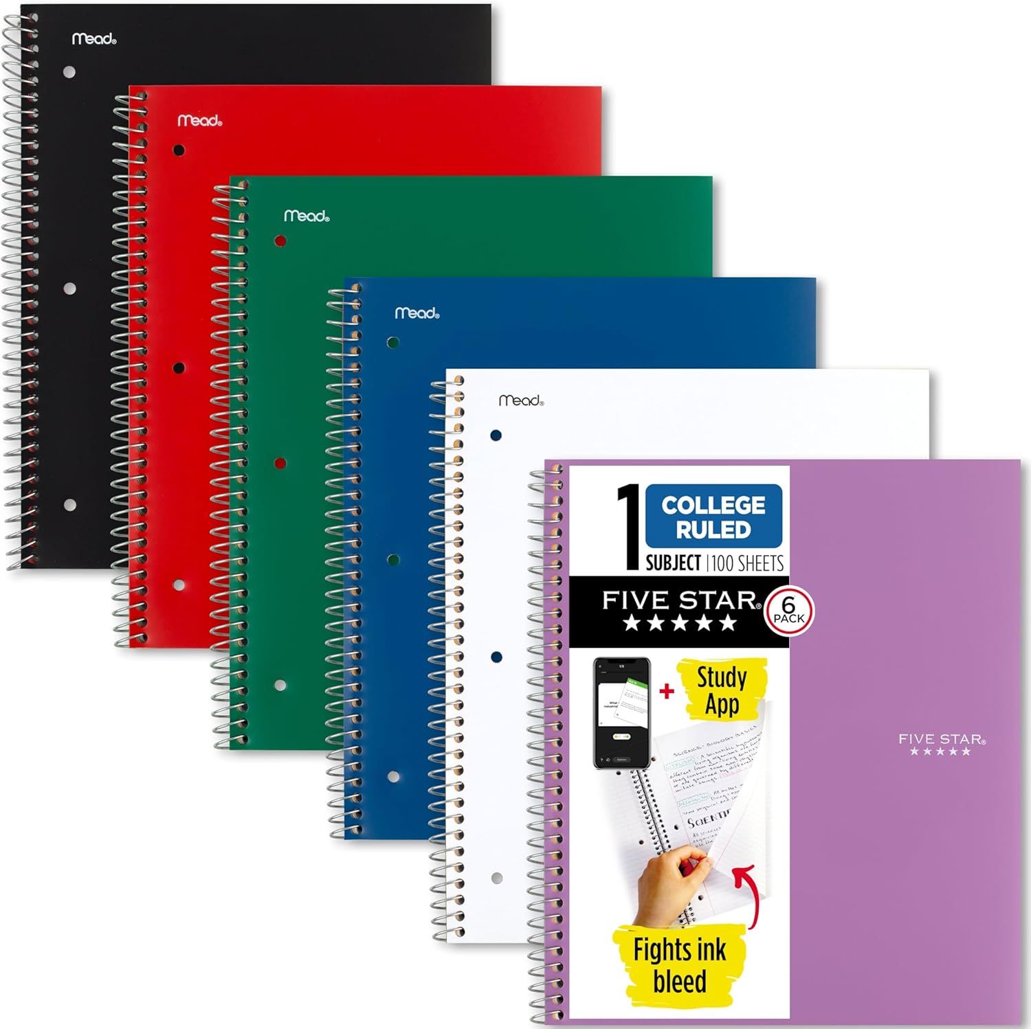 Shows the multiple color options available for the notebook, allowing shoppers to see the variety of choices they can select from. Displays the retail packaging label on the front notebook showing…