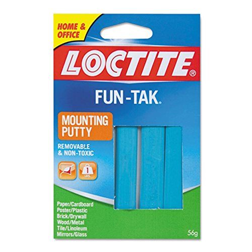 Shows the Loctite Fun-Tak mounting putty product in its retail packaging, communicating the core product and its key features like removability and non-toxic properties. Displays the retail…