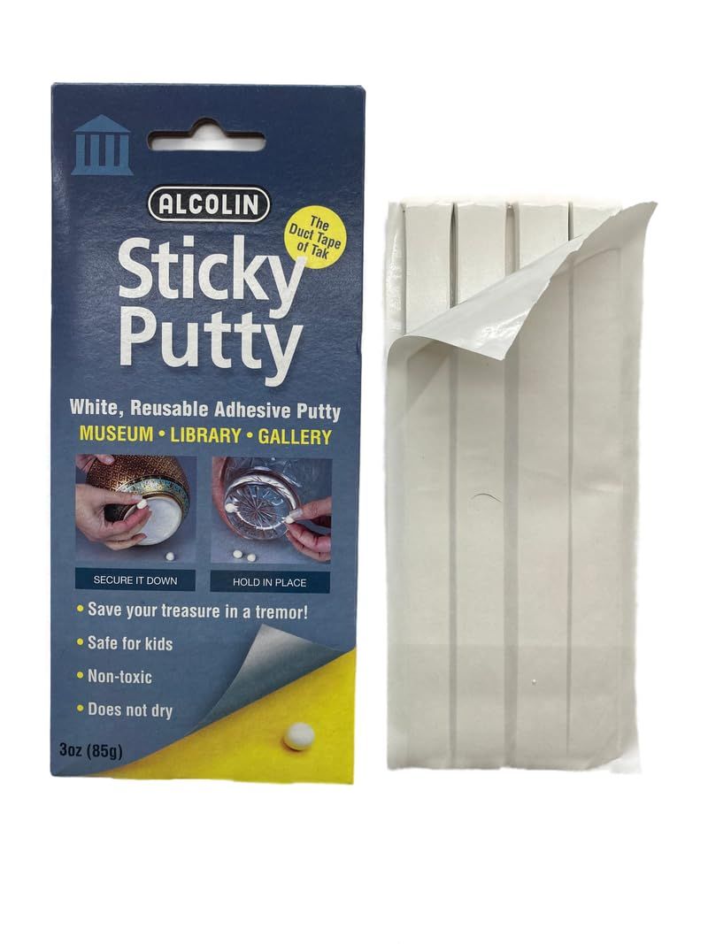 Shows the core product - white adhesive putty strips - alongside its retail packaging to communicate what the buyer receives. Displays the retail packaging with branding, use cases, and key benefits…