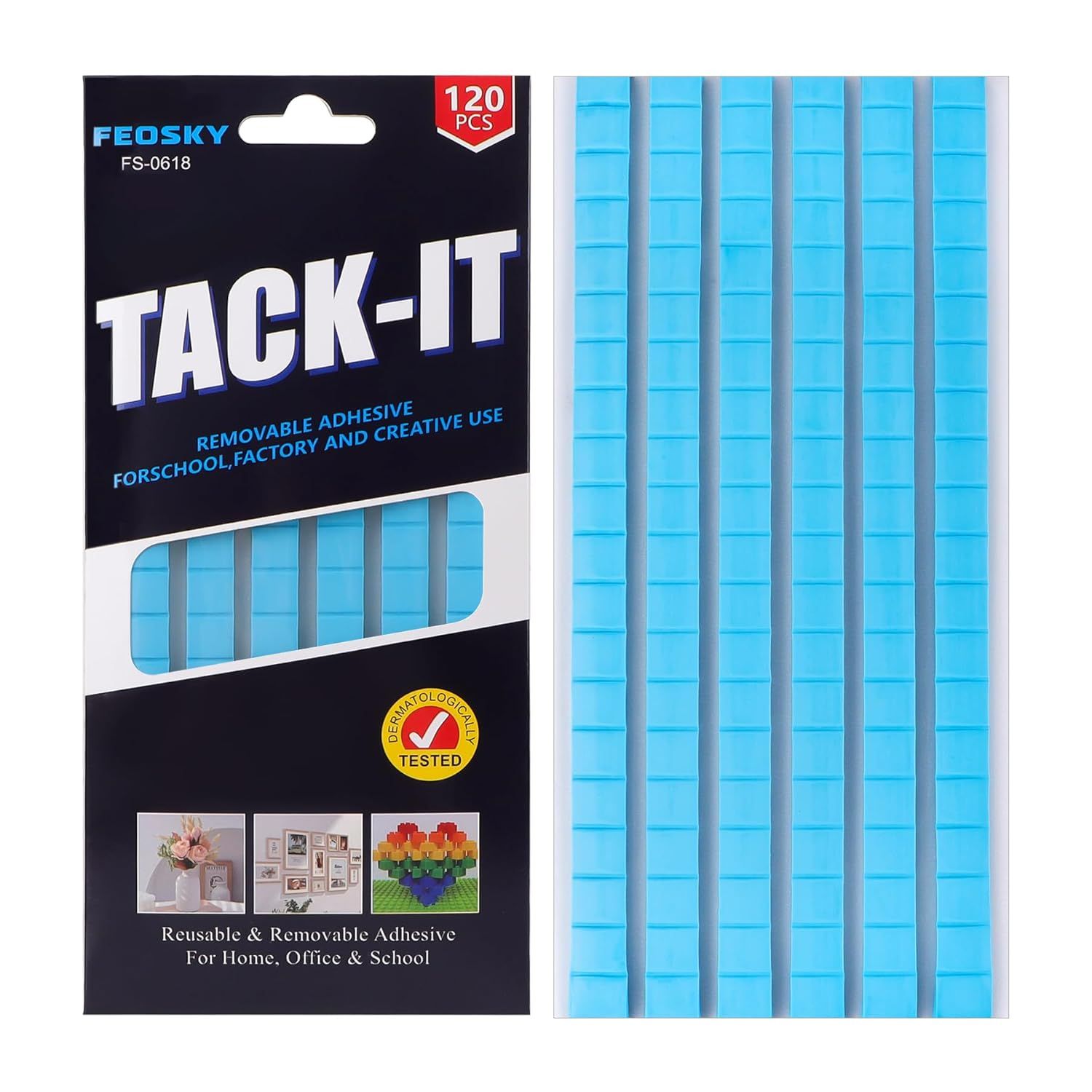 Shows the core product - blue removable adhesive squares arranged in strips - clearly visible both on the packaging and as the actual product, communicating what the buyer will receive. Displays the…