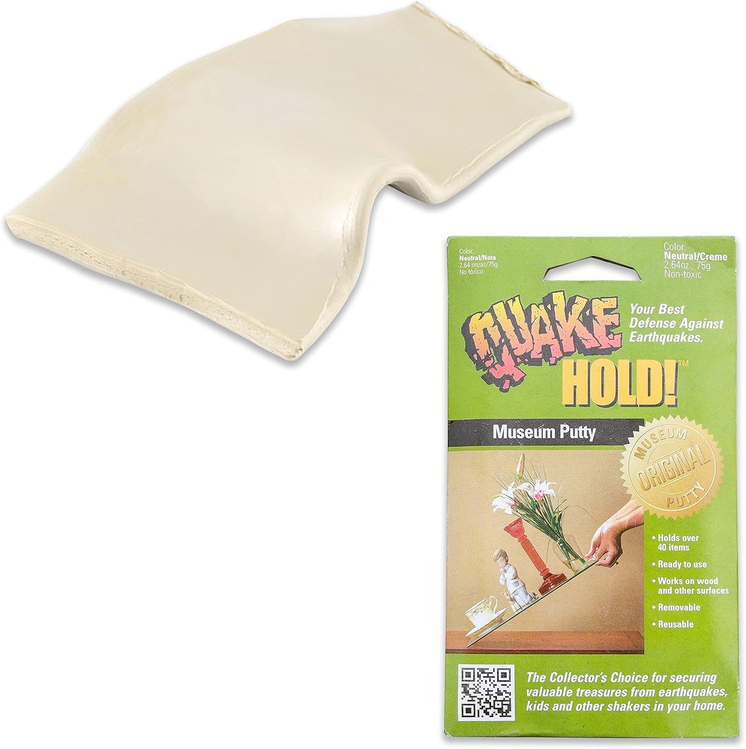 Shows the core product—a neutral-colored putty pad and its retail packaging—to communicate what the shopper will receive and its primary use for securing items against earthquakes. Displays the…